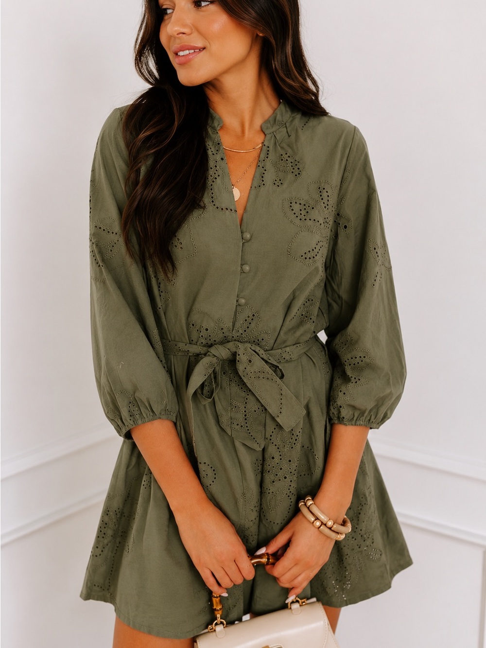 Zara Olive Eyelet Mini Dress